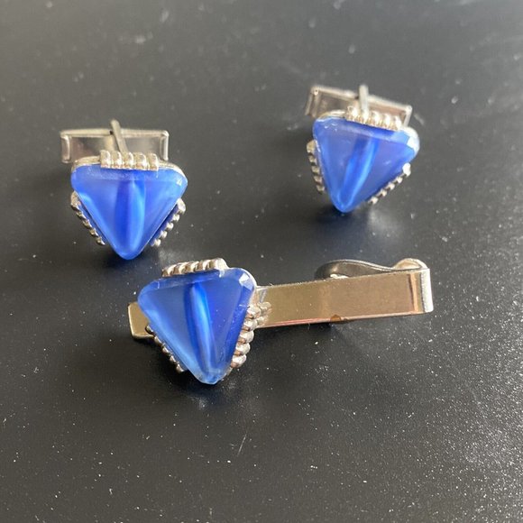 Cuff Link Tie Clip 3 Piece Set Blue Stones Silver Toned.........40 - Picture 2 of 8